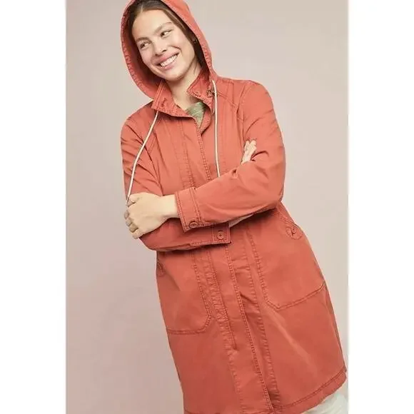 Anthropologie Longline Anorak Parka Cargo Jacket Coat M Rust Hooded Coat - Picture 4 of 16